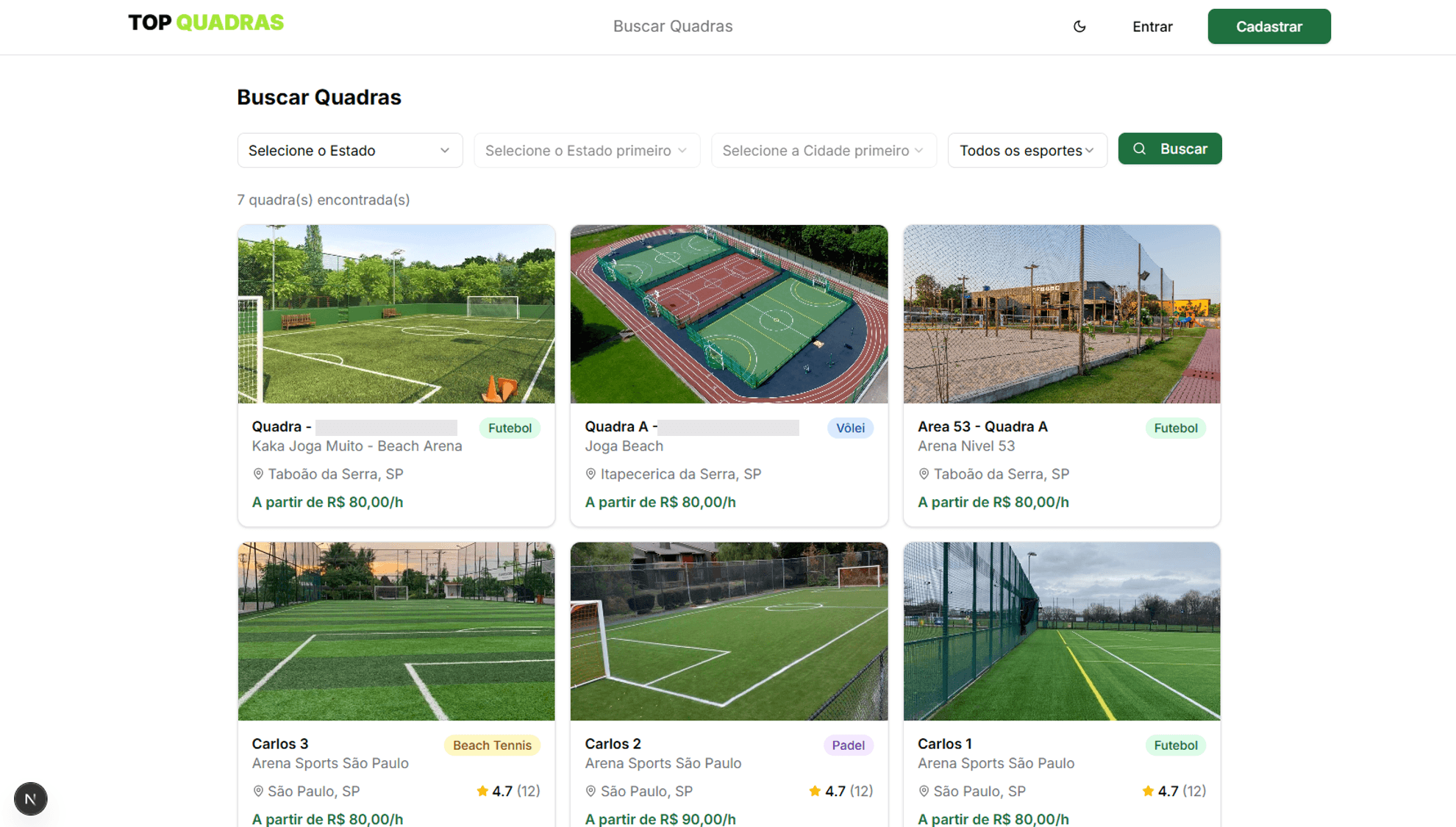 Busca de quadras por estado, cidade e esporte