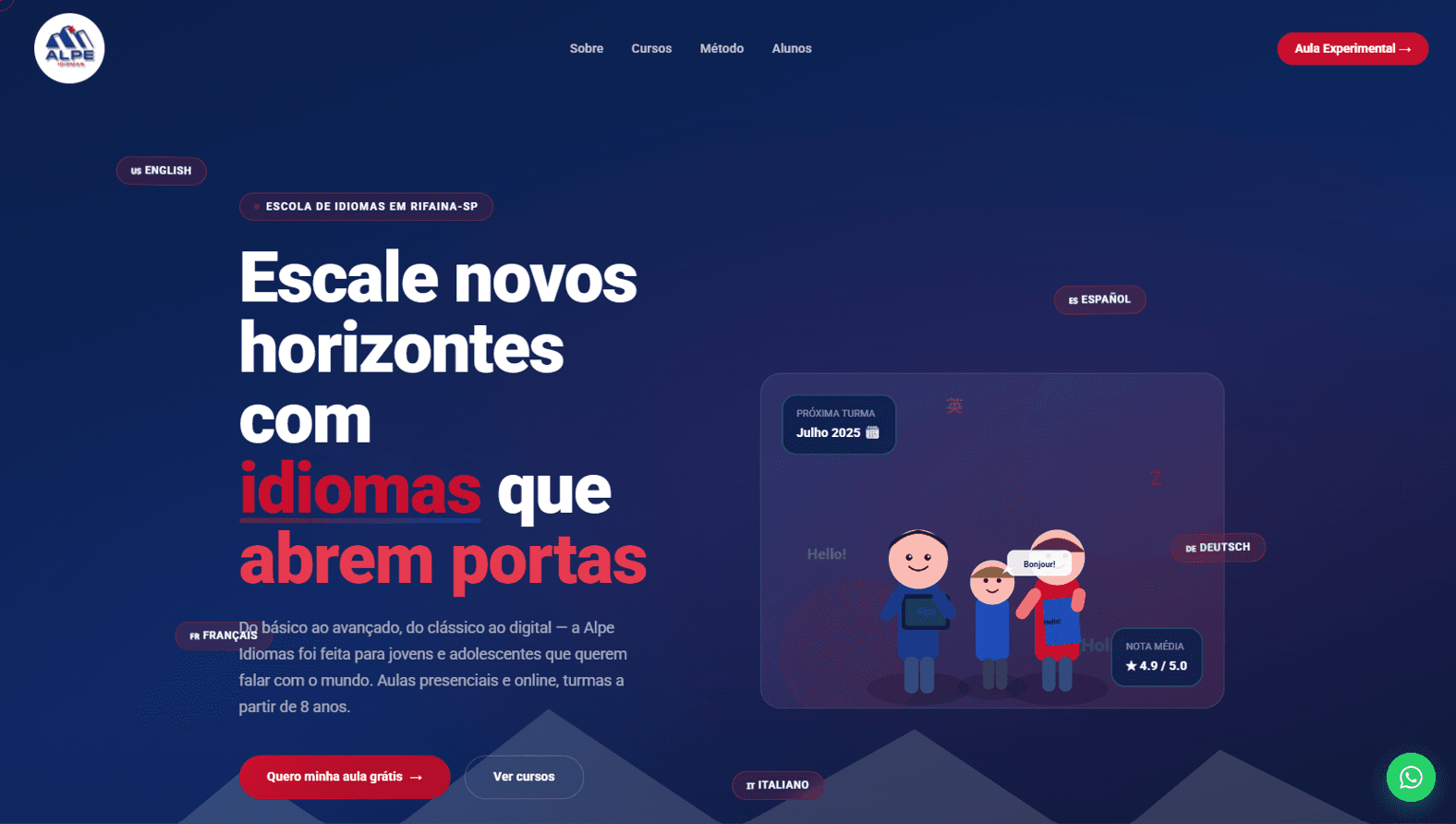 Página inicial do site Alpe Idiomas