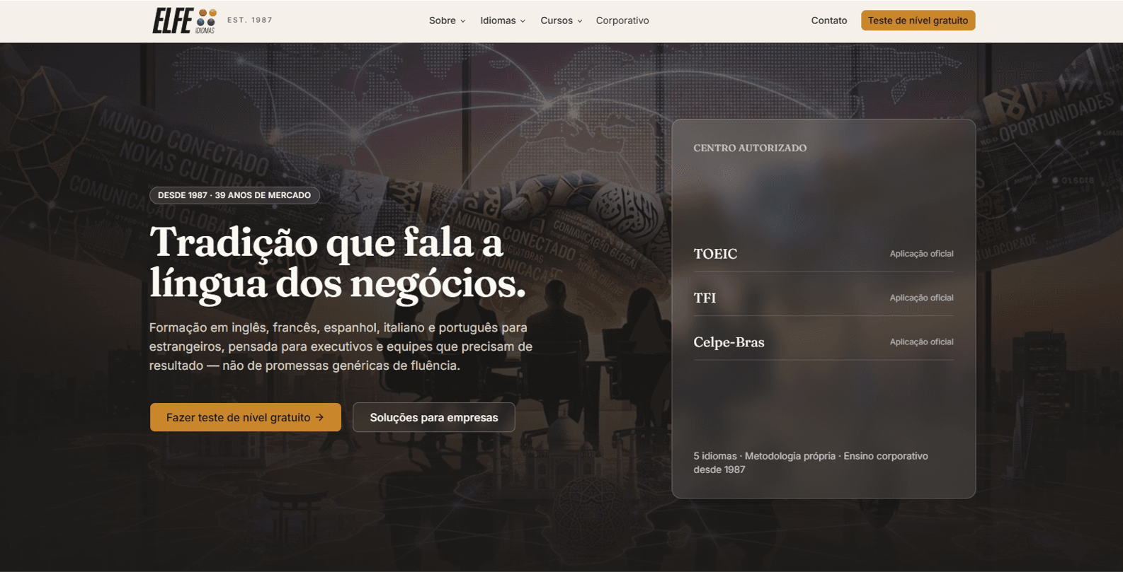 Página inicial do site Elfe Idiomas