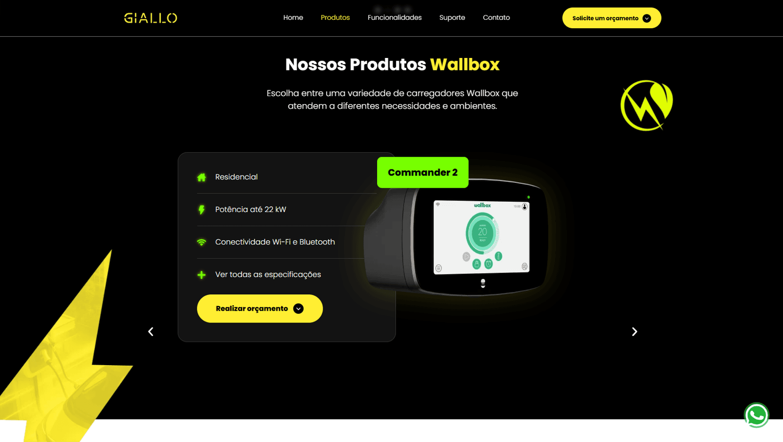 Página de produtos do site Giallo Volt