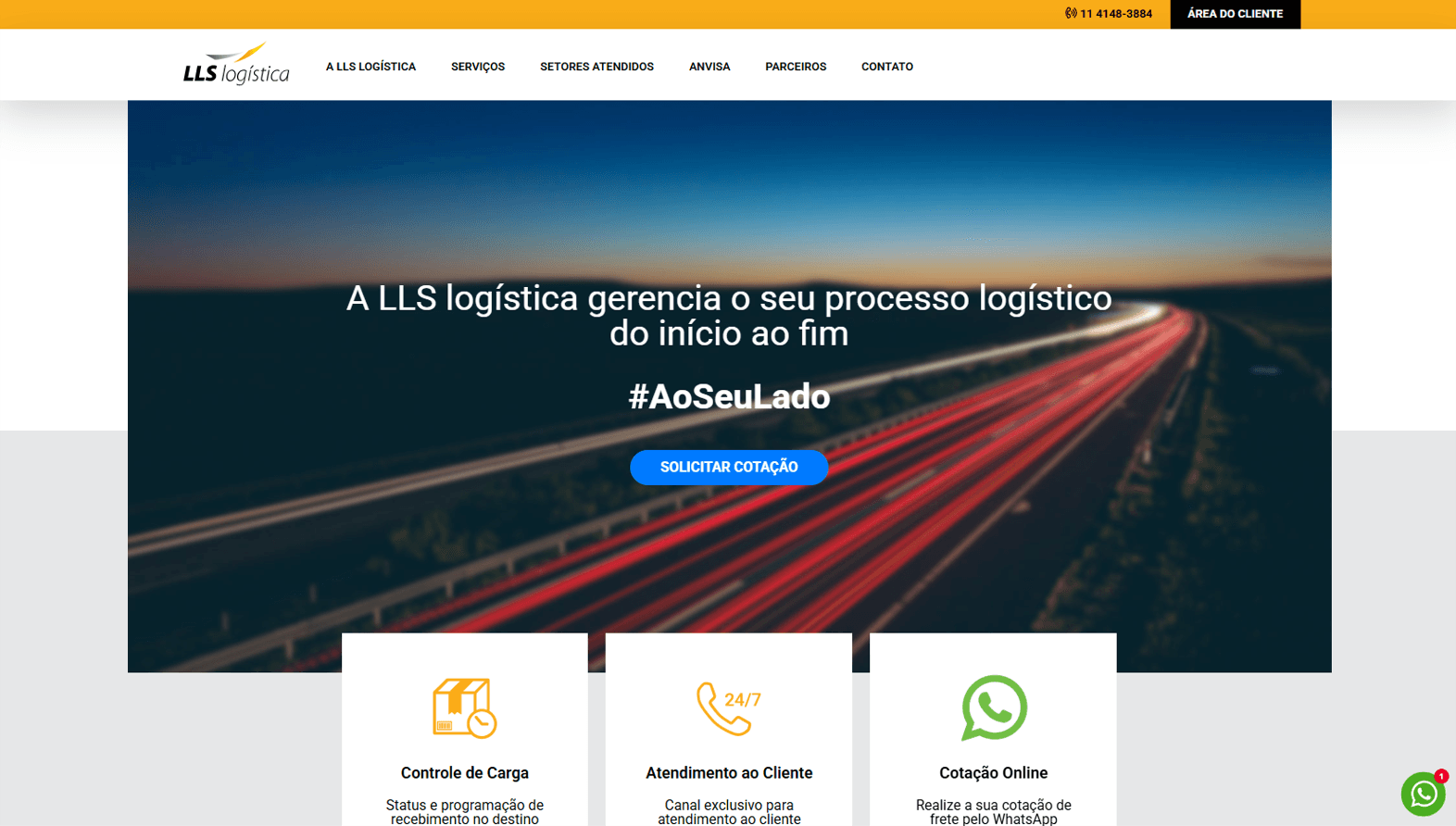 Página inicial do site LLS Logística
